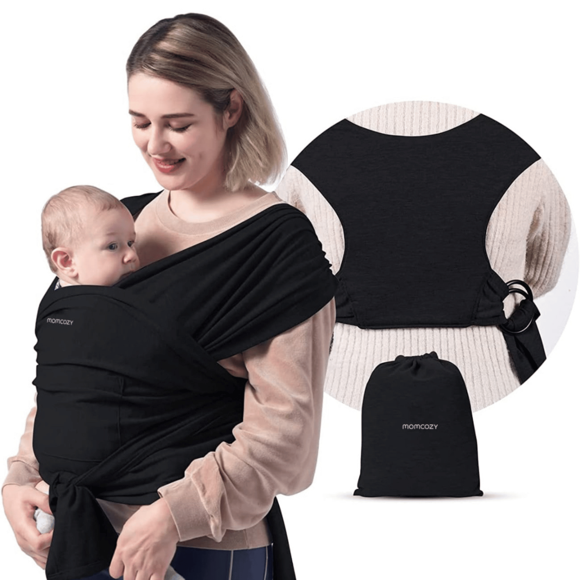 MOMCOZY Fular portabebés, fácil de llevar, portabebés para bebés y niñas, portabebés ajustables para recién nacidos de hasta 50 libras, color negro