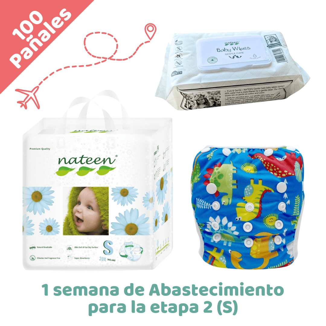 NATEEN Combo x80 Pull-up Desechables Nateen - 1 semana de Abastecimiento viajero para la etapa 2 (S) + Pañal de piscina reutilizable + Pañitos hipoalergénicos