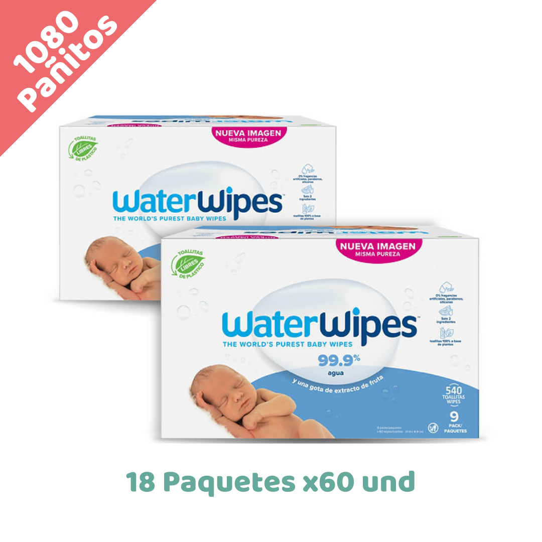 WATERWIPES 1080 Pañitos Húmedos Biodegradables e Hipoalergénicos sin fragancia (18 paquetes x60)