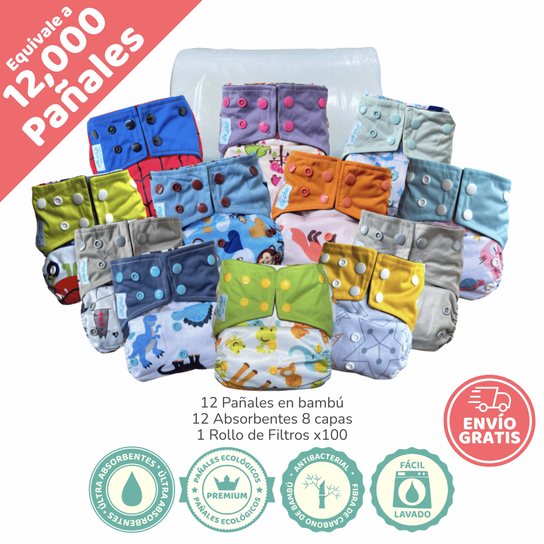 Combo básico x12 Pañales Ecológicos en bambú + Filtros x100