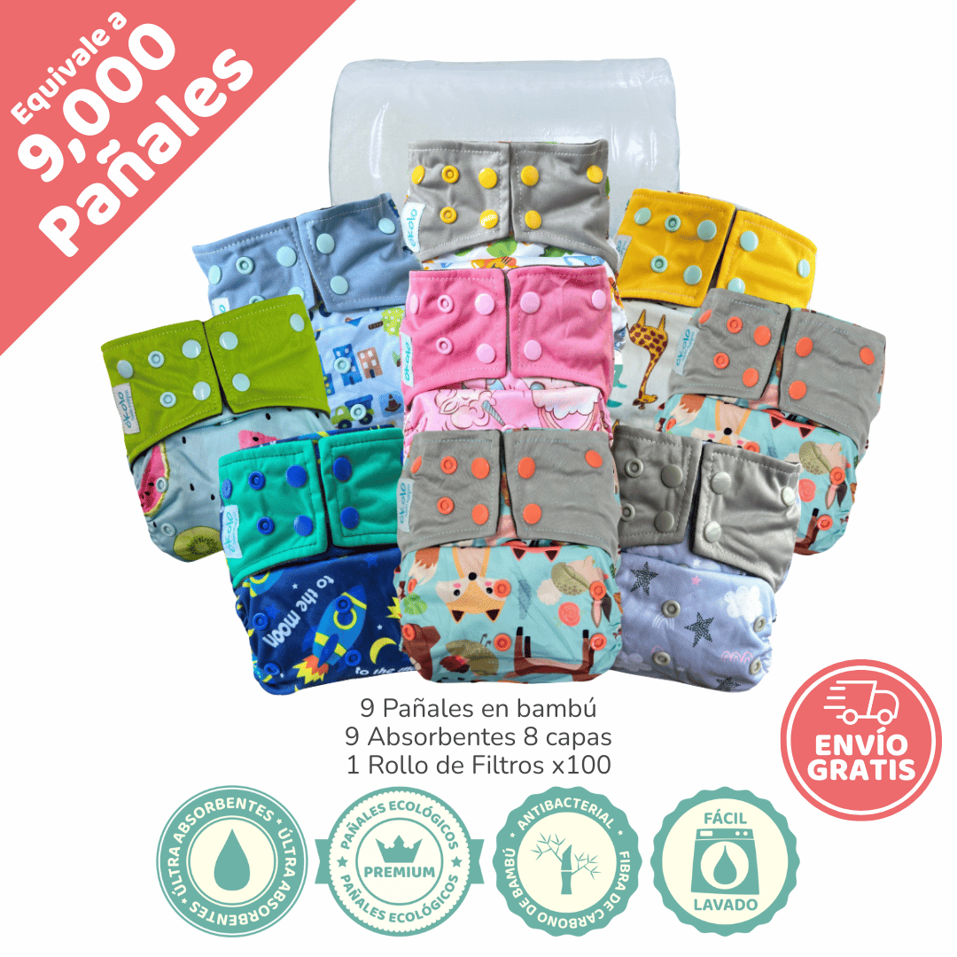 Combo básico x9 Pañales Ecológicos en bambú + Filtros x100