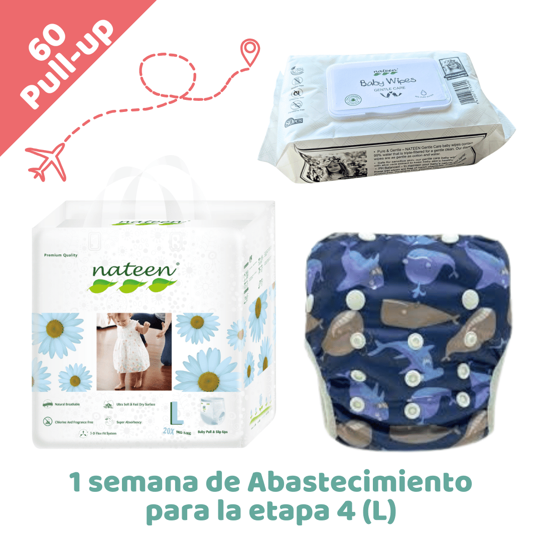 NATEEN Combo x60 Pull-up Desechables Nateen - 1 semana de Abastecimiento viajero para la etapa 4 (L) + Pañal de piscina reutilizable + Pañitos hipoalergénicos