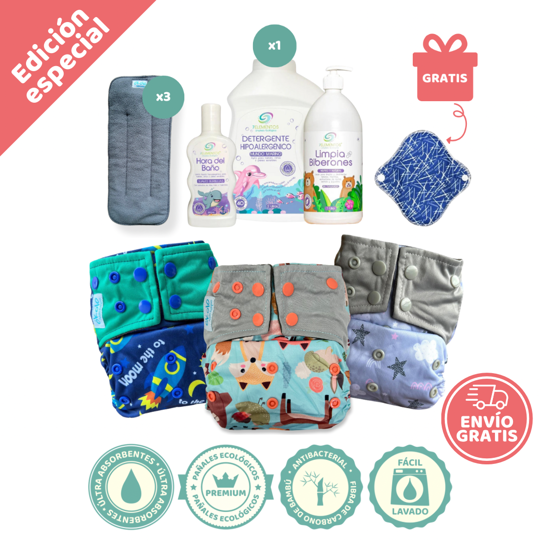 Combo Madre Primeriza x3 Pañales Ecológicos en bambú + Detergente + Limpia Biberones + Hora del baño GRATIS protector ecológico