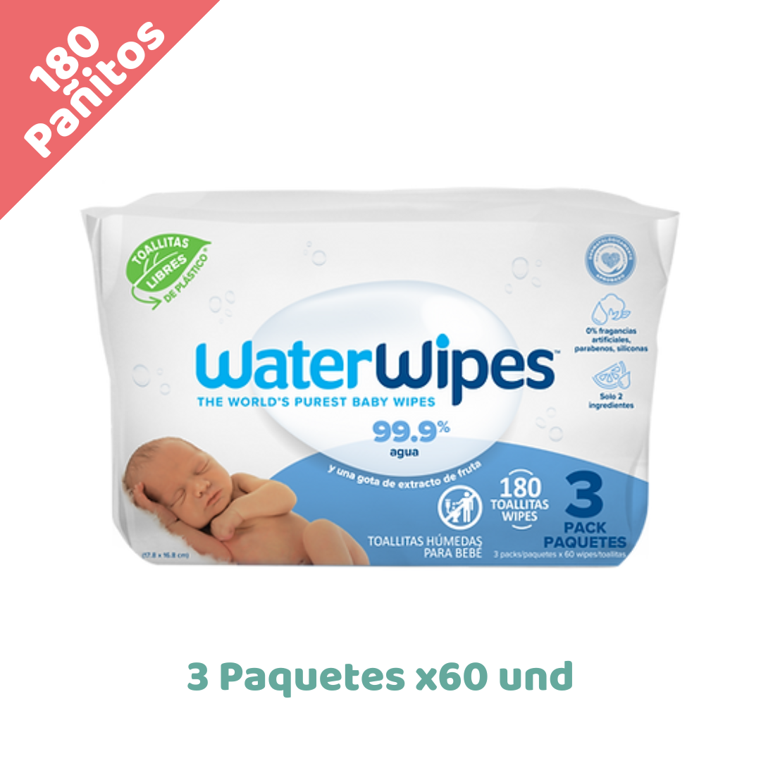 WATERWIPES 180 Pañitos Húmedos Biodegradables e Hipoalergénicos sin fragancia (3 paquetes x60)