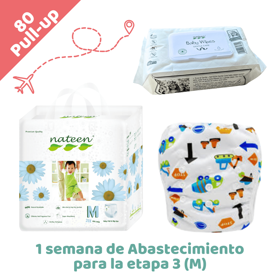 NATEEN Combo x80 Pull-up Desechables Nateen - 1 semana de Abastecimiento viajero para la etapa 3 (M) + Pañal de piscina reutilizable + Pañitos hipoalergénicos