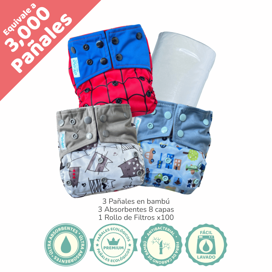 Combo básico x3 Pañales Ecológicos en bambú + Filtros x100