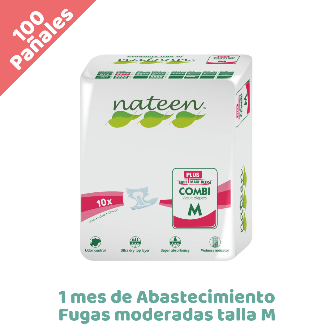 NATEEN Combo Uso continuo Pañales Desechables adulto - Fugas moderadas - Biodegradables e Hipoalergénicos - Combi plus - Talla M x100
