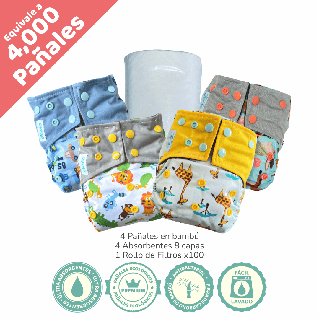 Combo básico x4 Pañales Ecológicos en bambú + Filtros x100