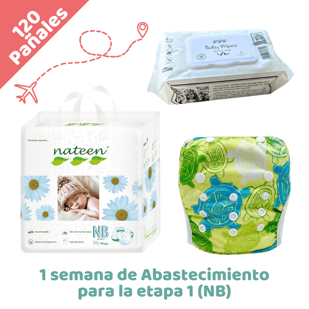NATEEN Combo x120 Pañales Desechables Nateen - 1 semana de Abastecimiento viajero para la etapa 1 (NB) + Pañal de piscina reutilizable + Pañitos hipoalergénicos