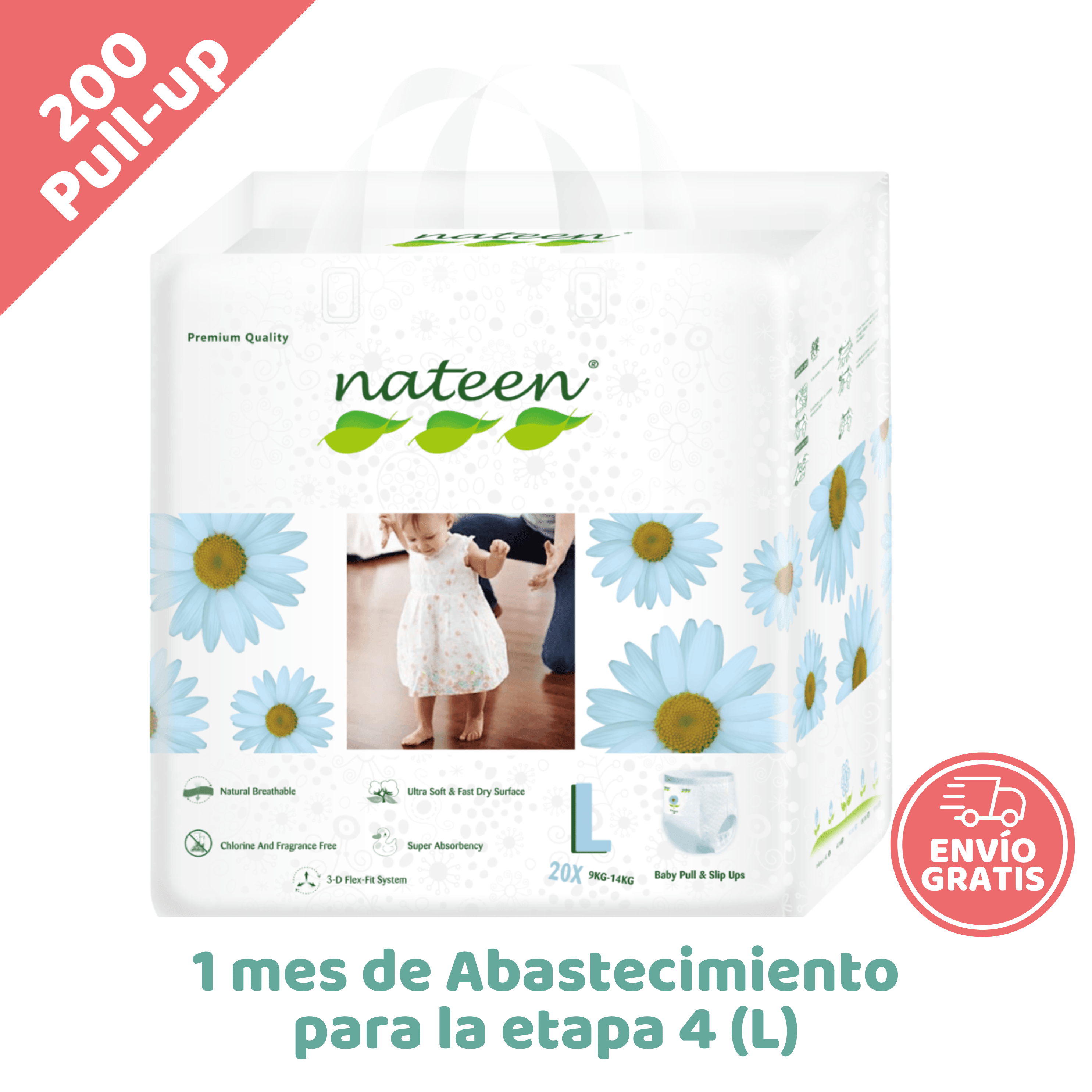 NATEEN Combo Completo x200 Pull-up Desechables Nateen - 1 mes de Abastecimiento para la etapa 4 (L)
