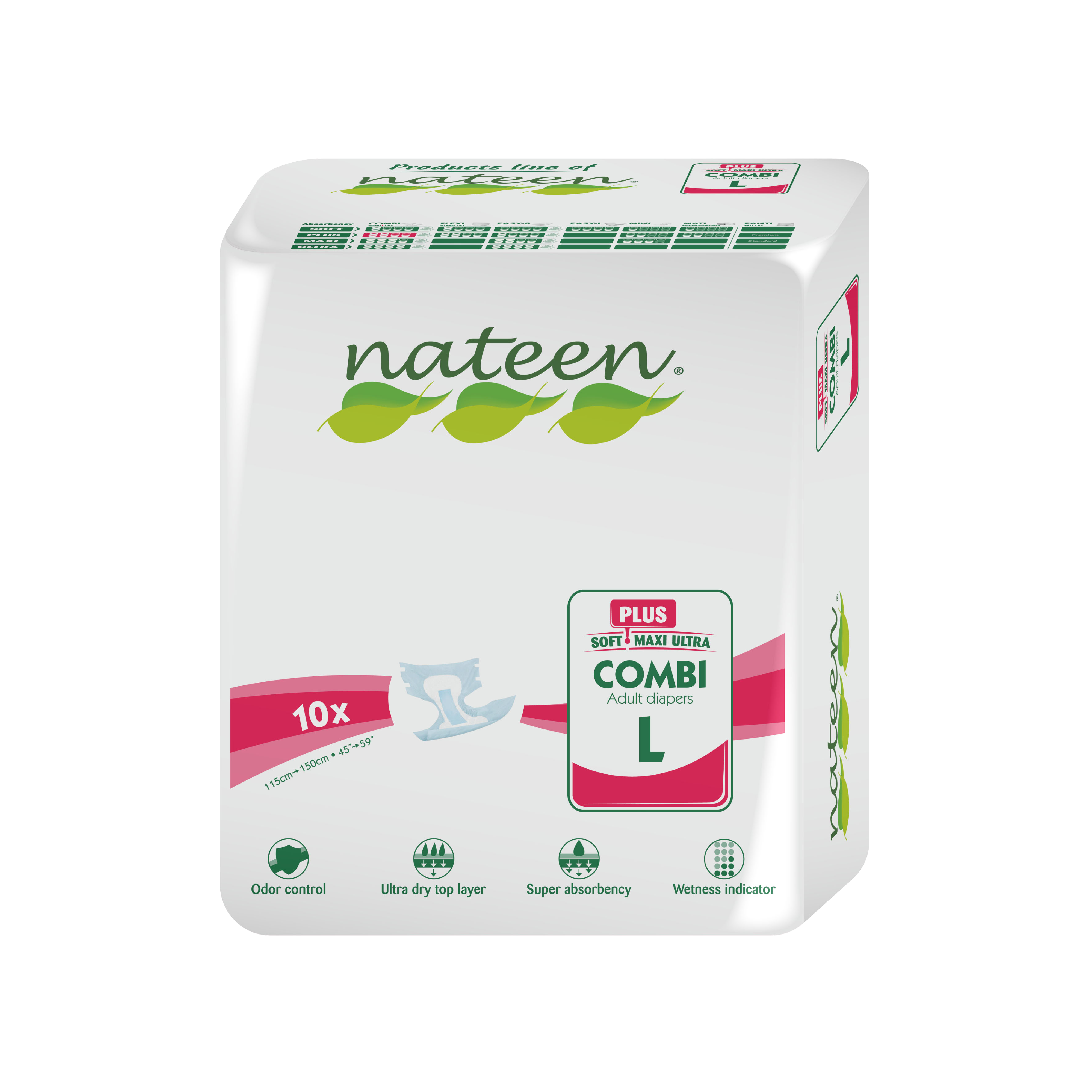 NATEEN Pañales Desechables adulto postparto/incontinencia Biodegradables e Hipoalergénicos - Combi Plus - Talla L x10