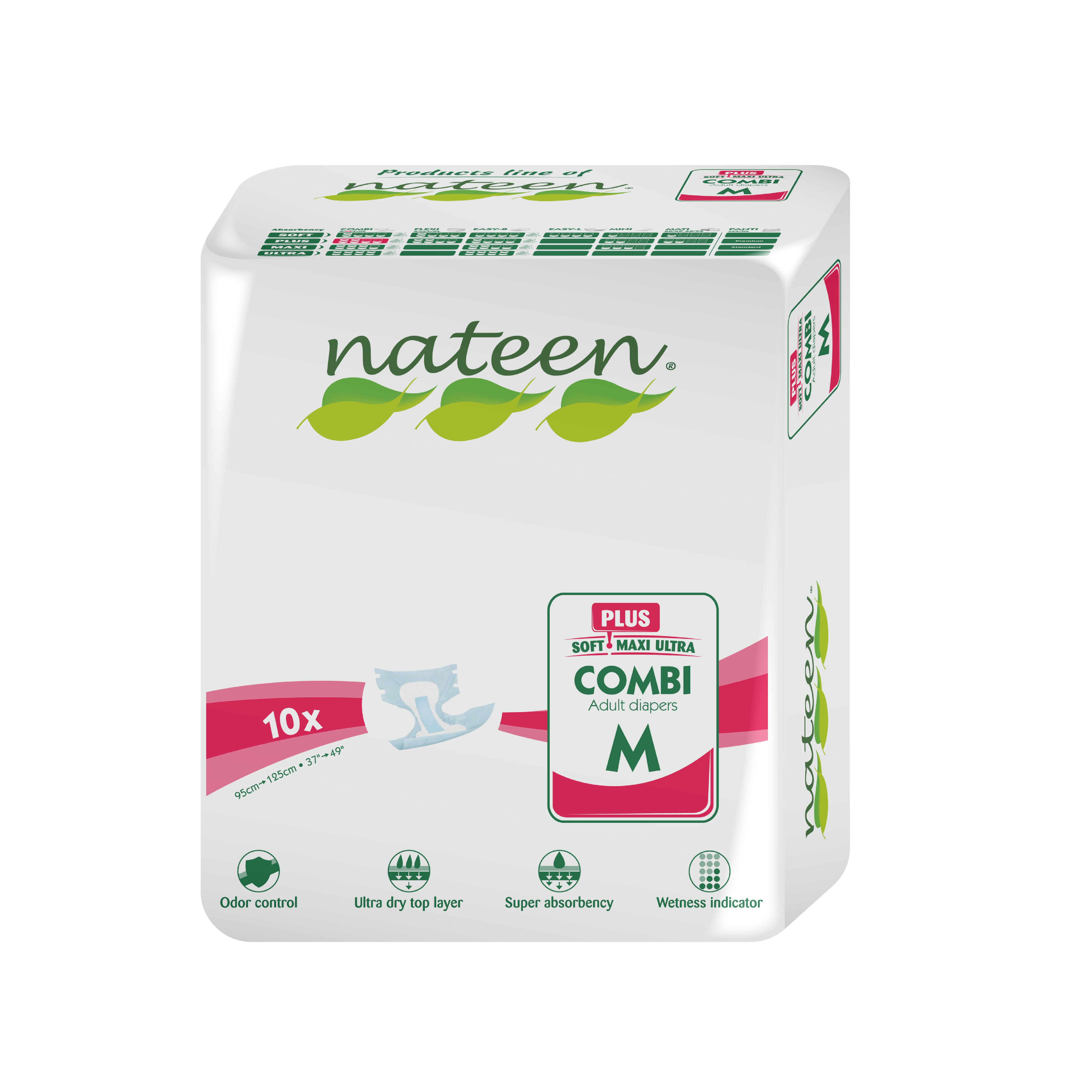 NATEEN Pañales Desechables adulto postparto/incontinencia Biodegradables e Hipoalergénicos - Combi Plus - Talla M x10