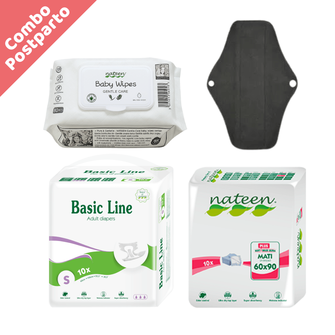 NATEEN Combo x40 Pañales Desechables adulto postparto Biodegradables e Hipoalergénicos - Basic line - Talla S x10 + 2 toallas ecológicas Postparto + 2 cubre camas + 1 pañitos x80