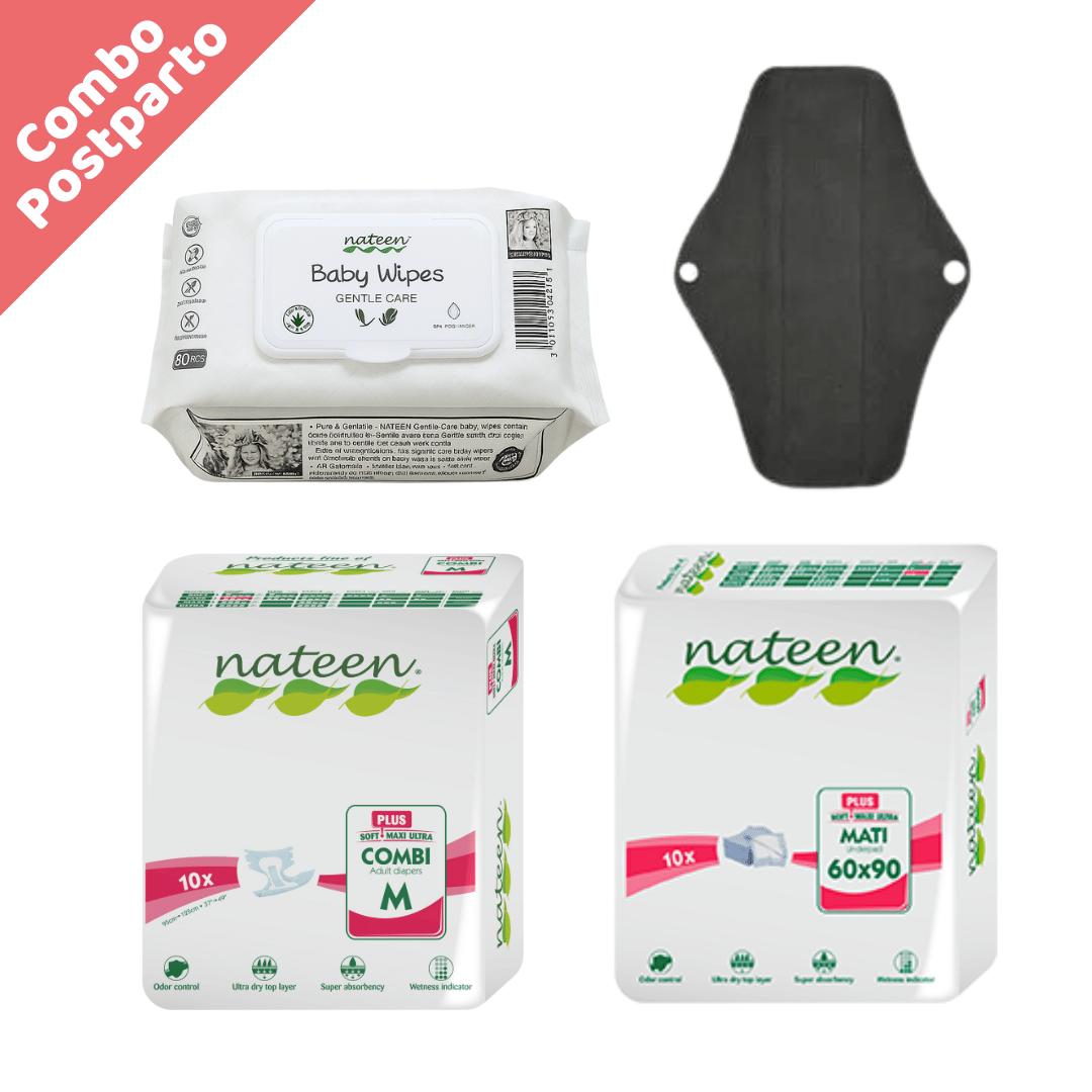 NATEEN Combo x40 Pañales Desechables adulto postparto Biodegradables e Hipoalergénicos - Combi plus - Talla M x10 + 2 toallas ecológicas Postparto + 2 cubre camas + 1 pañitos x80