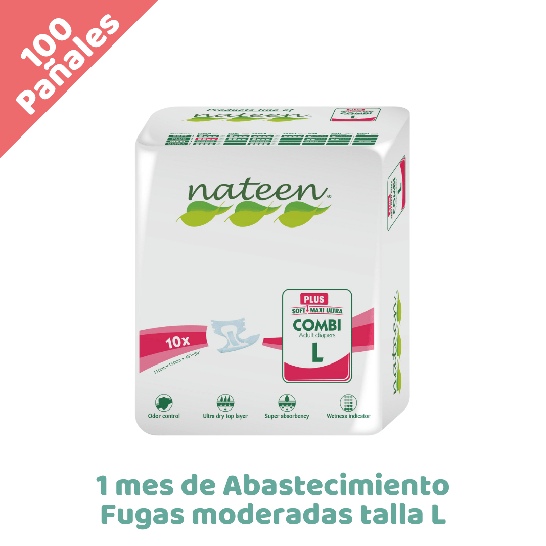 NATEEN Combo Uso continuo Pañales Desechables adulto - Fugas moderadas - Biodegradables e Hipoalergénicos - Combi plus - Talla L x100