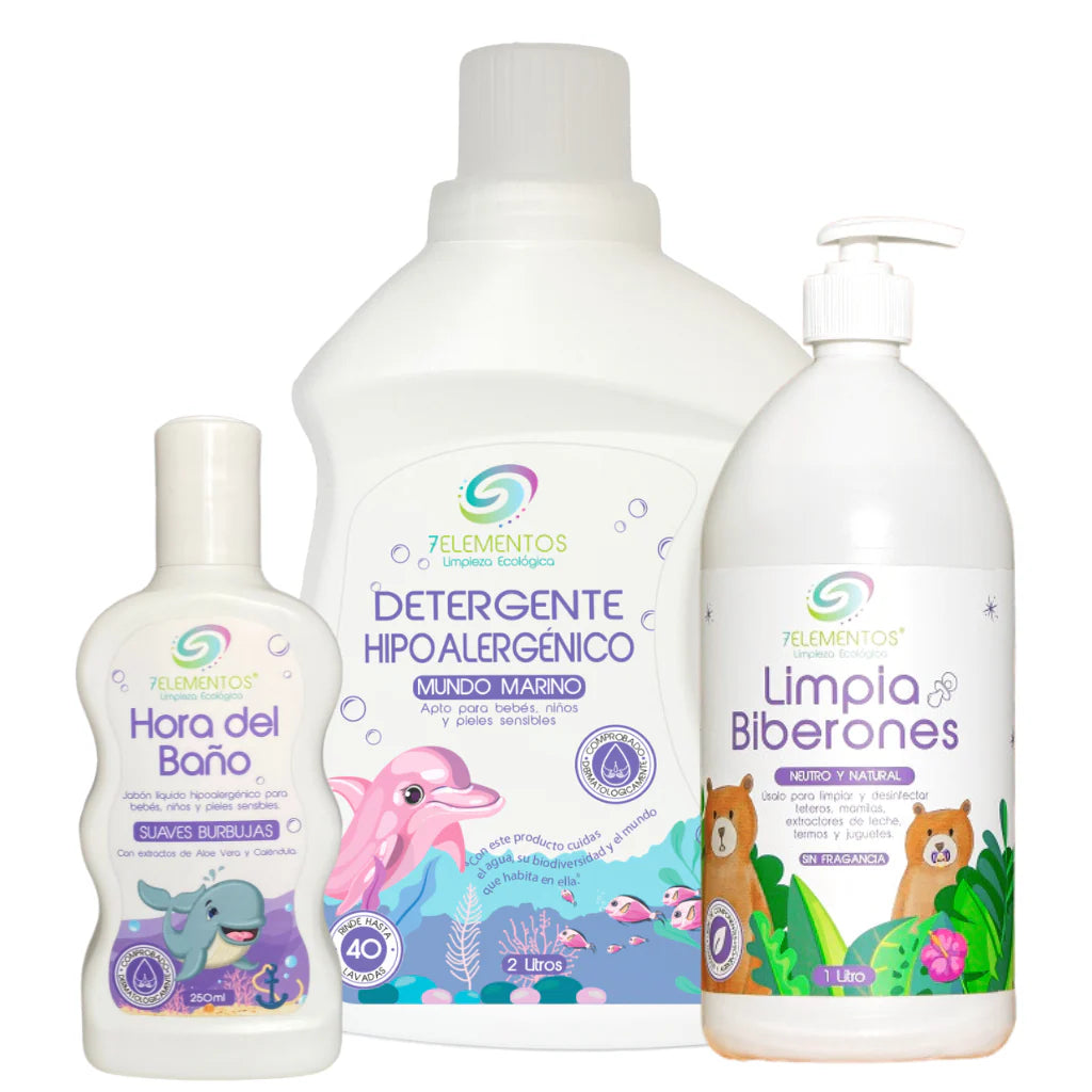 7 ELEMENTOS Kit Bienvenida Detergente, Limpia Biberones Jabón Líquido | Ecológico, Biodegradable, Hipoalergénico, Vegano, Líquido